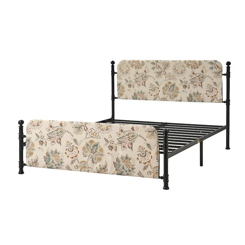 62-Inch Floral Platform Metal Bed Frame with Washable Slipcover