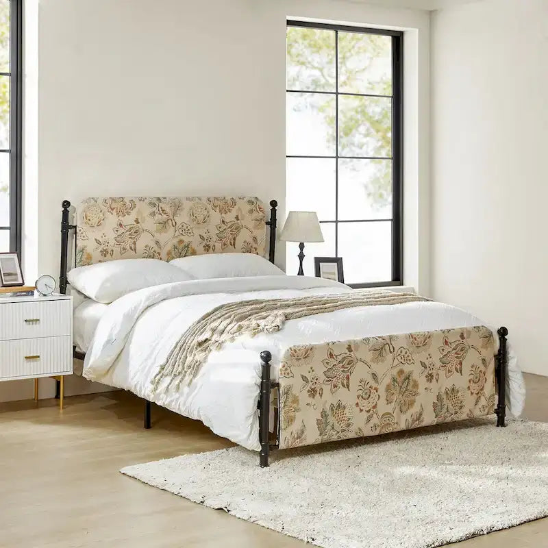 62-Inch Floral Platform Metal Bed Frame with Washable Slipcover