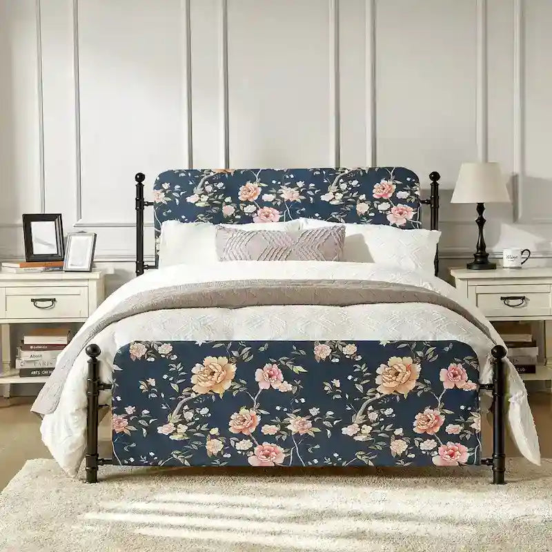 Estrutura de cama metálica de plataforma floral de 62 polegadas com capa lavável
