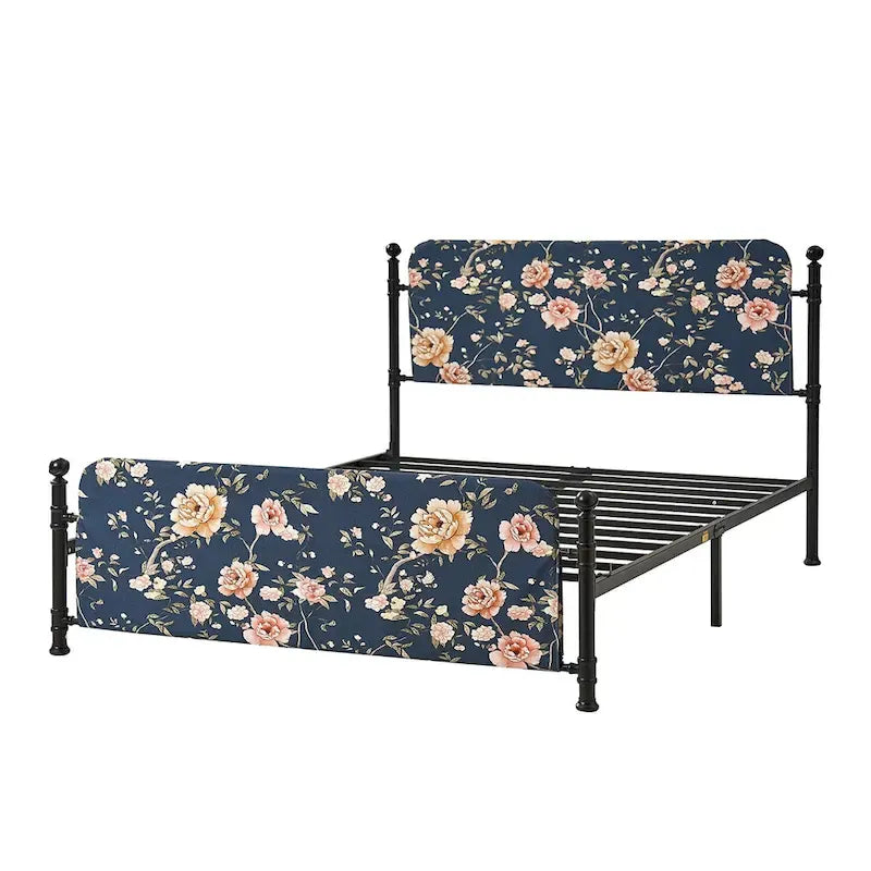 62-Inch Floral Platform Metal Bed Frame with Washable Slipcover