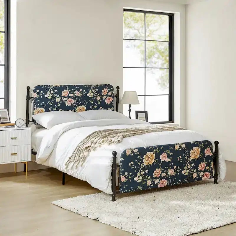 Estrutura de cama metálica de plataforma floral de 62 polegadas com capa lavável