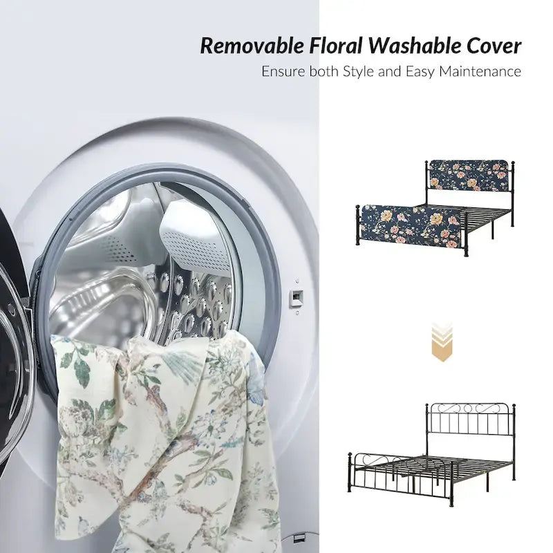 Estrutura de cama metálica de plataforma floral de 62 polegadas com capa lavável