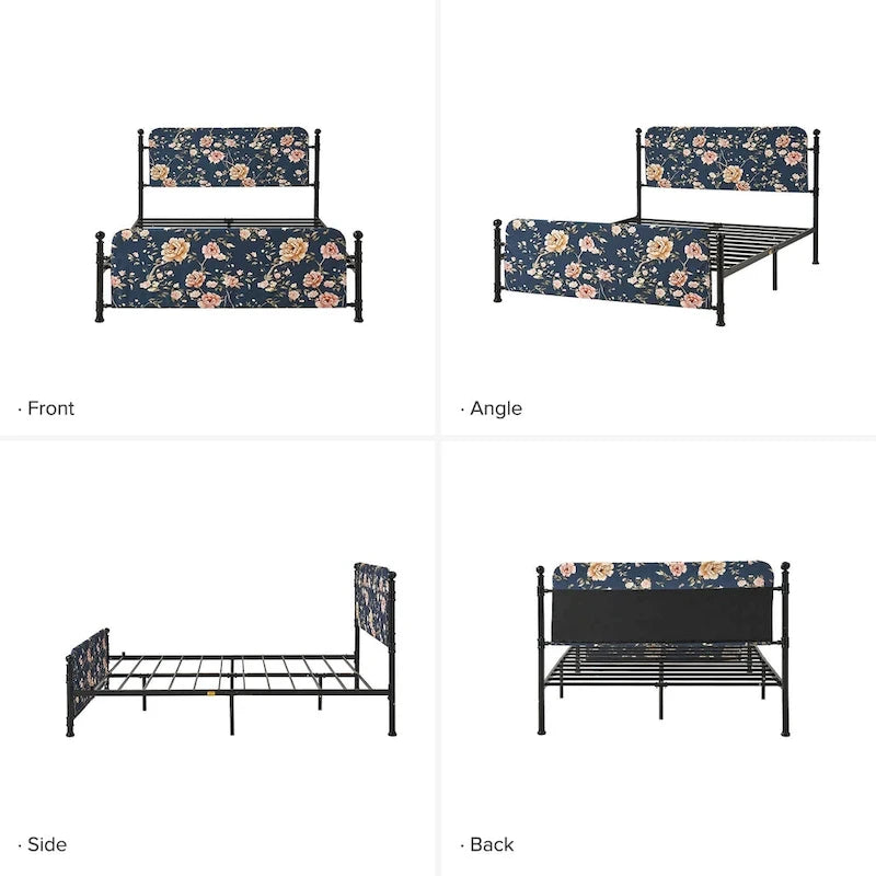 Estrutura de cama metálica de plataforma floral de 62 polegadas com capa lavável