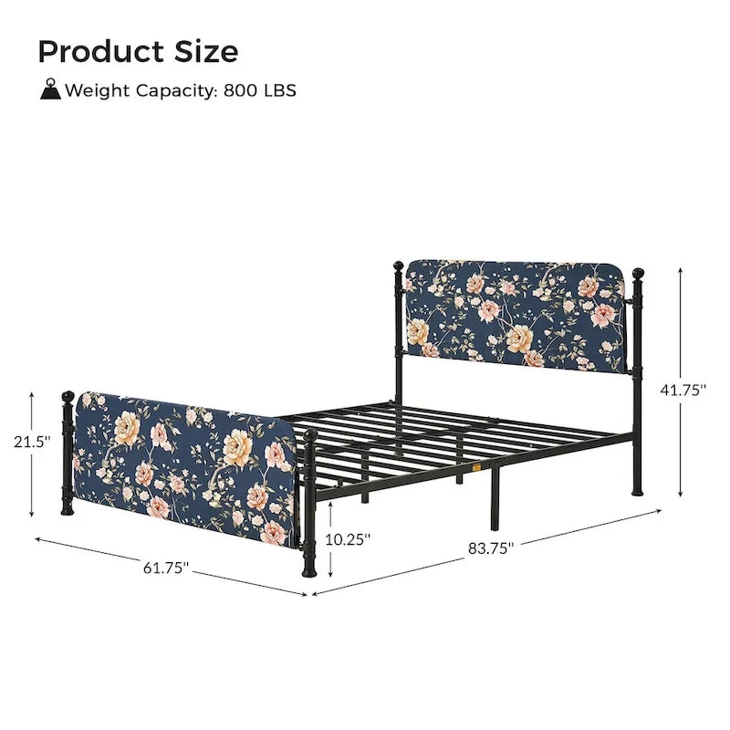 Estrutura de cama metálica de plataforma floral de 62 polegadas com capa lavável