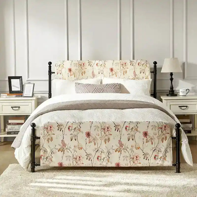 Estrutura de cama metálica de plataforma floral de 62 polegadas com capa lavável