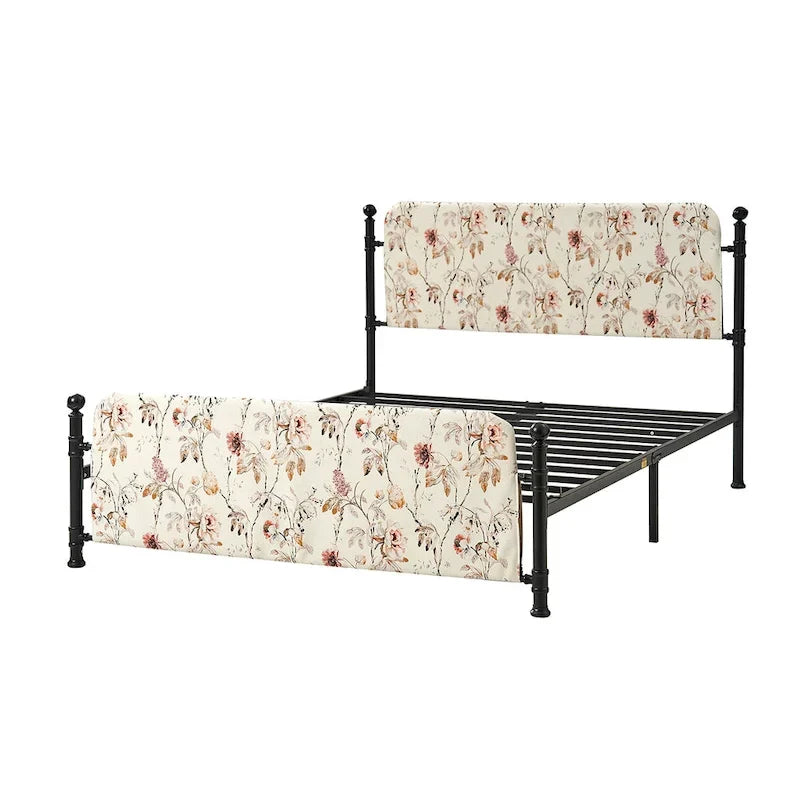 Estrutura de cama metálica de plataforma floral de 62 polegadas com capa lavável