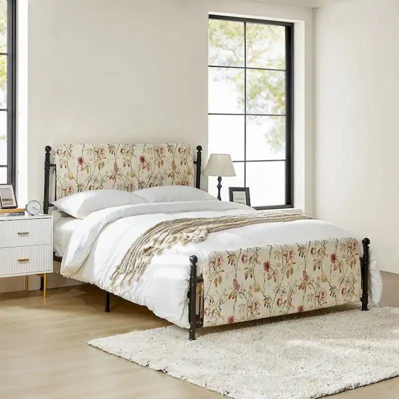 Estrutura de cama metálica de plataforma floral de 62 polegadas com capa lavável