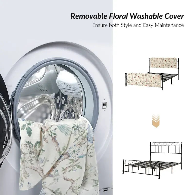 Estrutura de cama metálica de plataforma floral de 62 polegadas com capa lavável