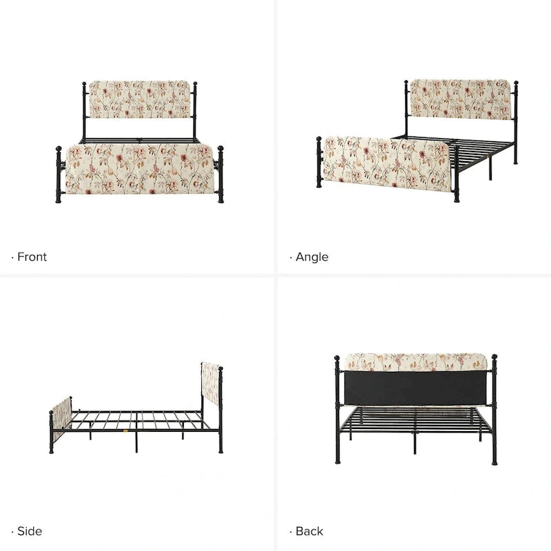 Estrutura de cama metálica de plataforma floral de 62 polegadas com capa lavável