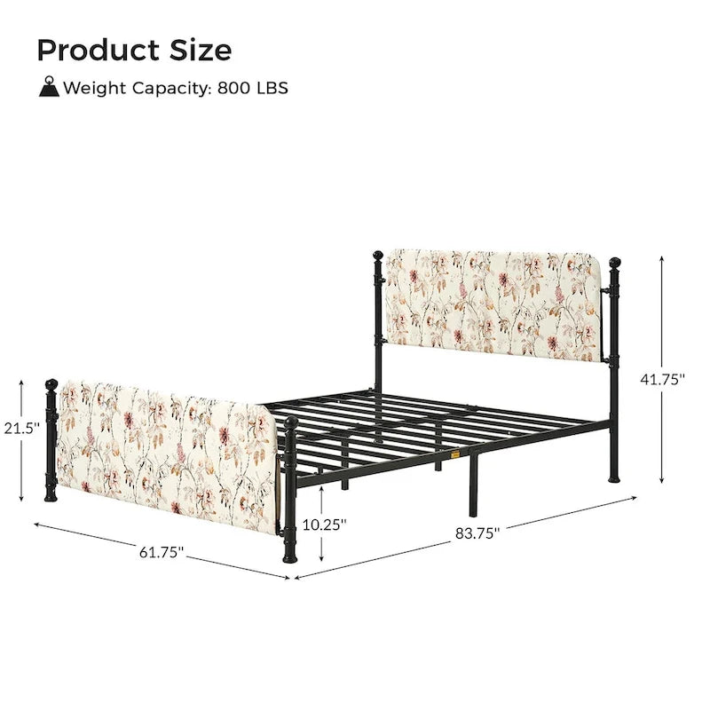 Estrutura de cama metálica de plataforma floral de 62 polegadas com capa lavável