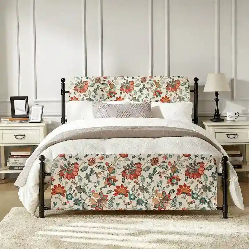 Estrutura de cama metálica de plataforma floral de 62 polegadas com capa lavável