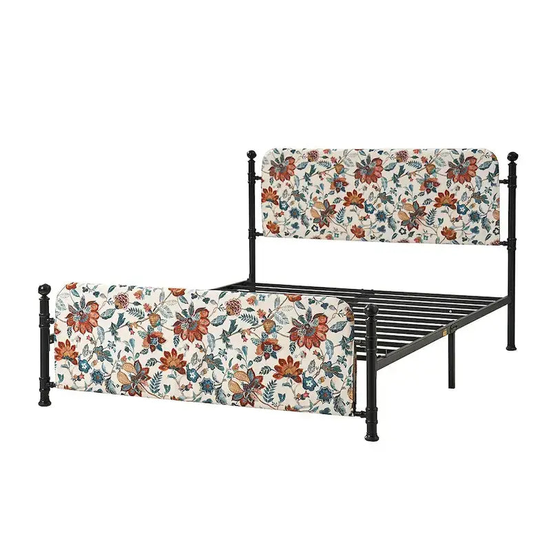 Estrutura de cama metálica de plataforma floral de 62 polegadas com capa lavável