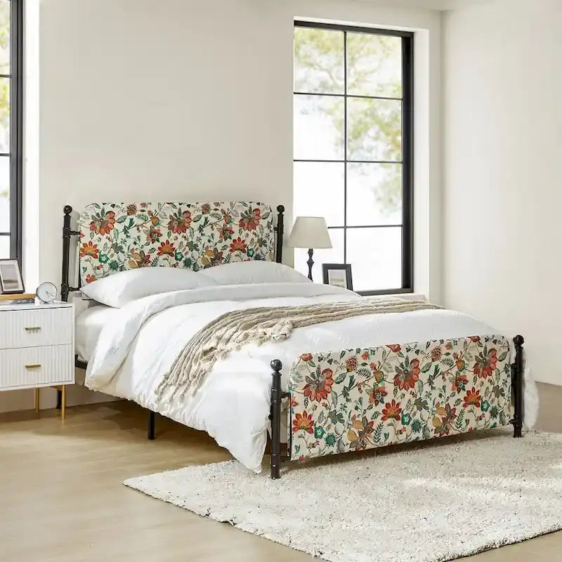 Estrutura de cama metálica de plataforma floral de 62 polegadas com capa lavável