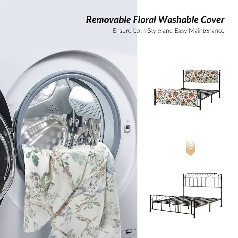 Estrutura de cama metálica de plataforma floral de 62 polegadas com capa lavável