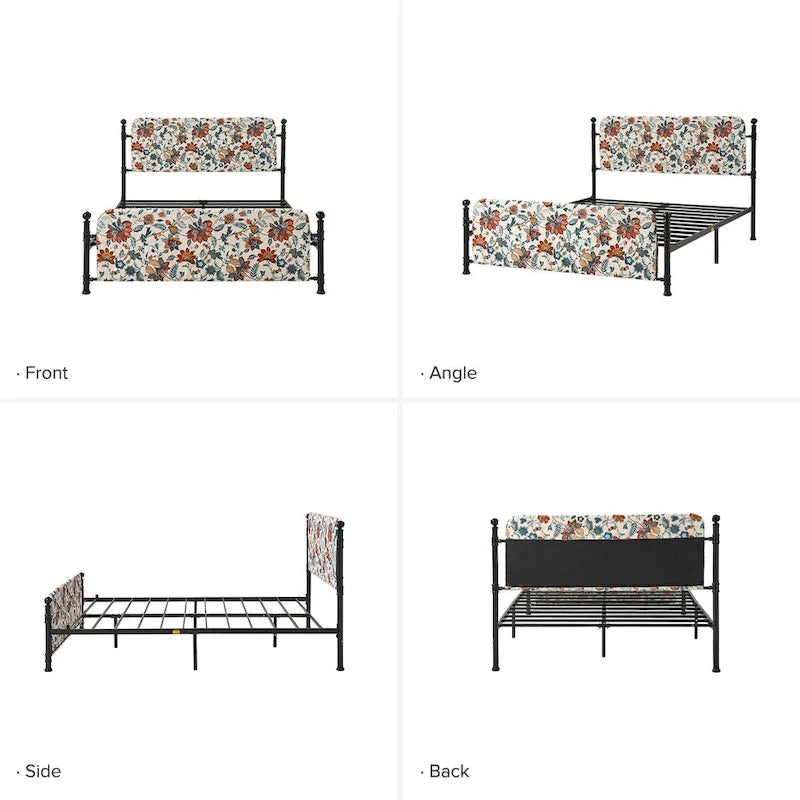 Estrutura de cama metálica de plataforma floral de 62 polegadas com capa lavável