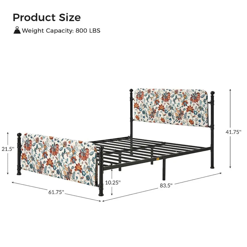 Estrutura de cama metálica de plataforma floral de 62 polegadas com capa lavável