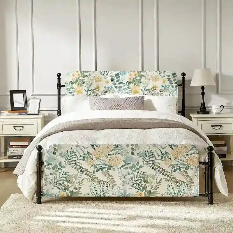 Estrutura de cama metálica de plataforma floral de 62 polegadas com capa lavável