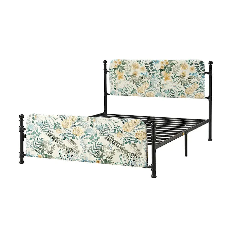 Estrutura de cama metálica de plataforma floral de 62 polegadas com capa lavável
