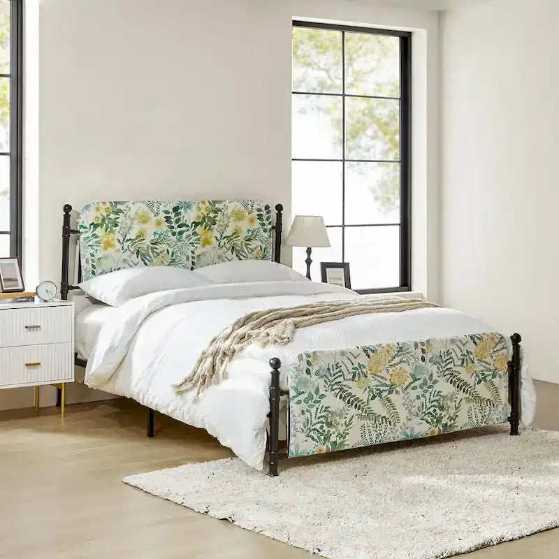 Estrutura de cama metálica de plataforma floral de 62 polegadas com capa lavável