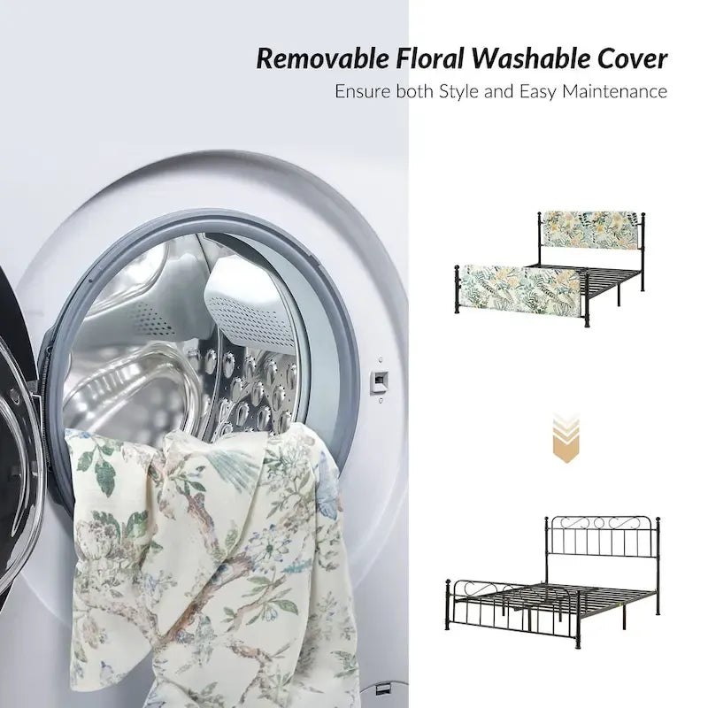 Estrutura de cama metálica de plataforma floral de 62 polegadas com capa lavável