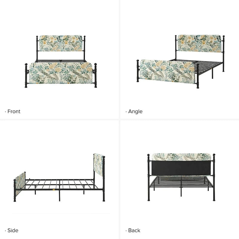 Estrutura de cama metálica de plataforma floral de 62 polegadas com capa lavável