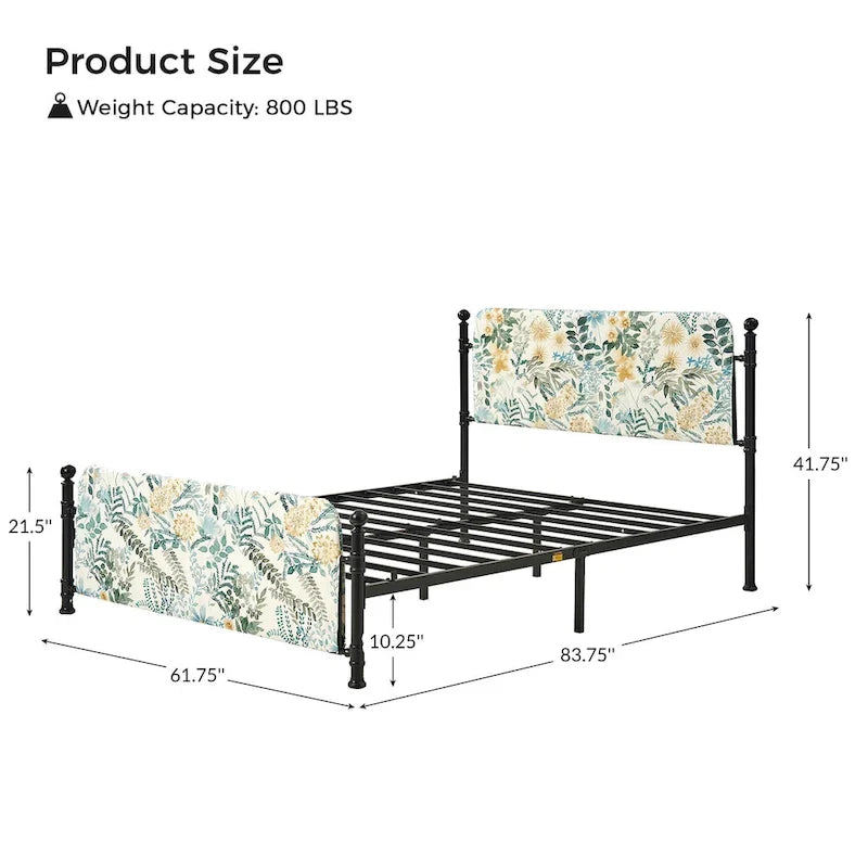 Estrutura de cama metálica de plataforma floral de 62 polegadas com capa lavável