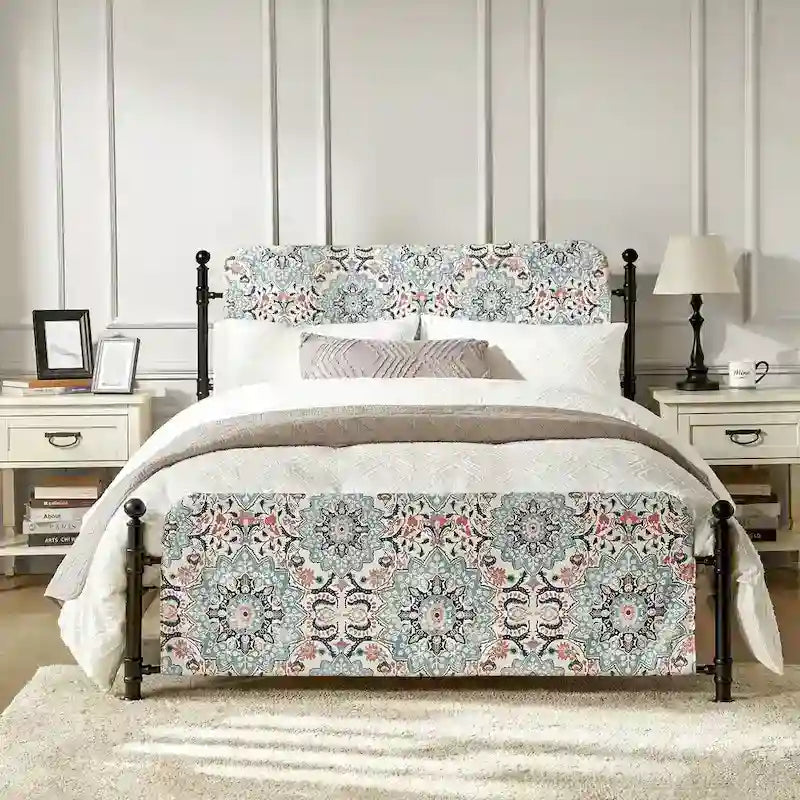 Estrutura de cama metálica de plataforma floral de 62 polegadas com capa lavável