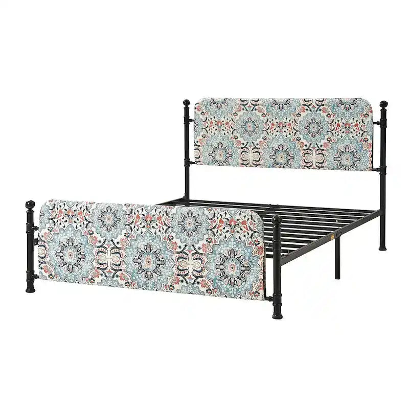 Estrutura de cama metálica de plataforma floral de 62 polegadas com capa lavável