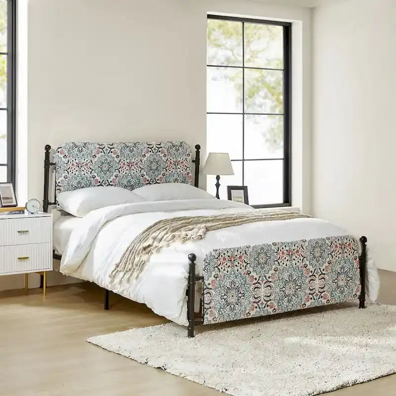 Estrutura de cama metálica de plataforma floral de 62 polegadas com capa lavável