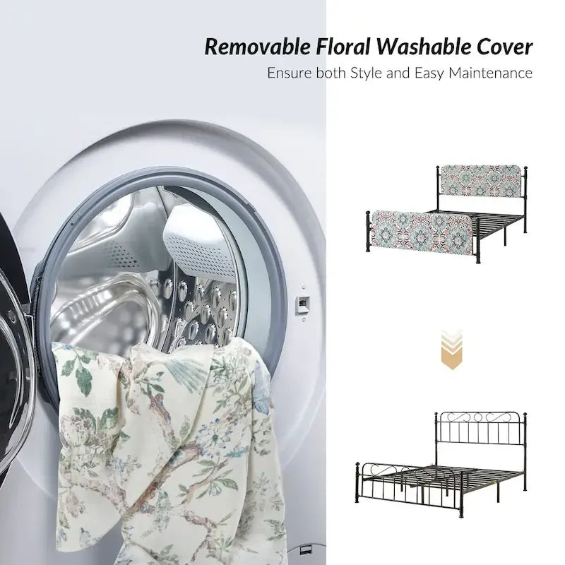 Estrutura de cama metálica de plataforma floral de 62 polegadas com capa lavável