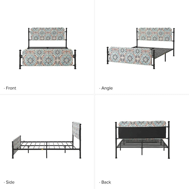 Estrutura de cama metálica de plataforma floral de 62 polegadas com capa lavável