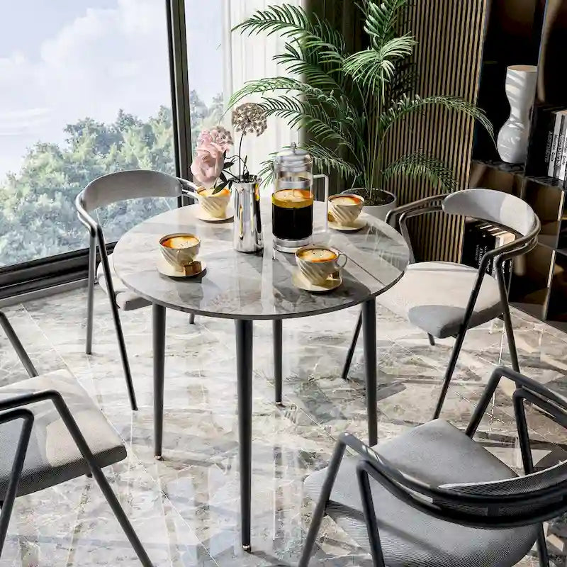 Round Sintered Stone Dining Table with Black Metal Legs