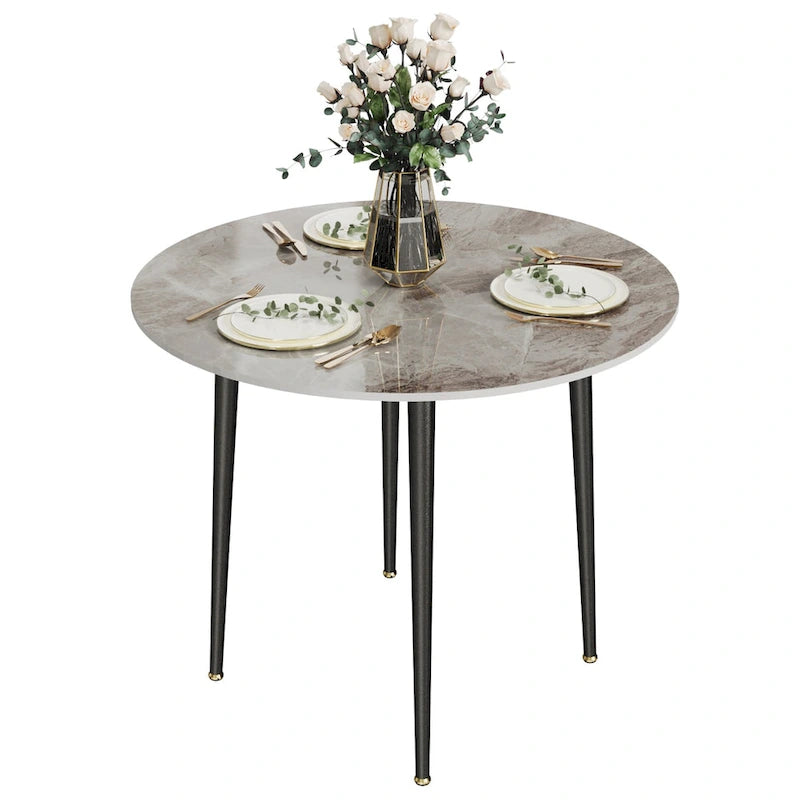 Round Sintered Stone Dining Table with Black Metal Legs