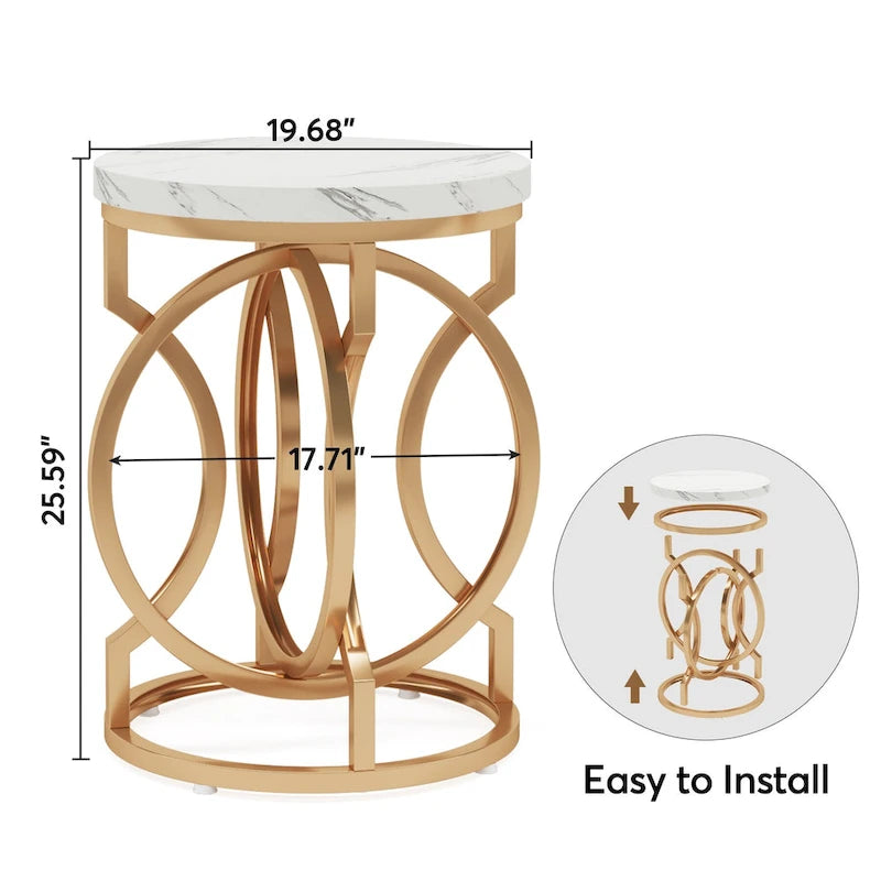 Round Faux Marble End Table with Gold Ring Base