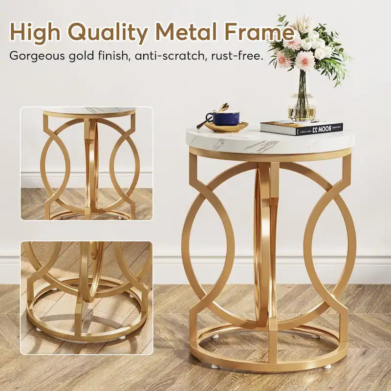 Round Faux Marble End Table with Gold Ring Base