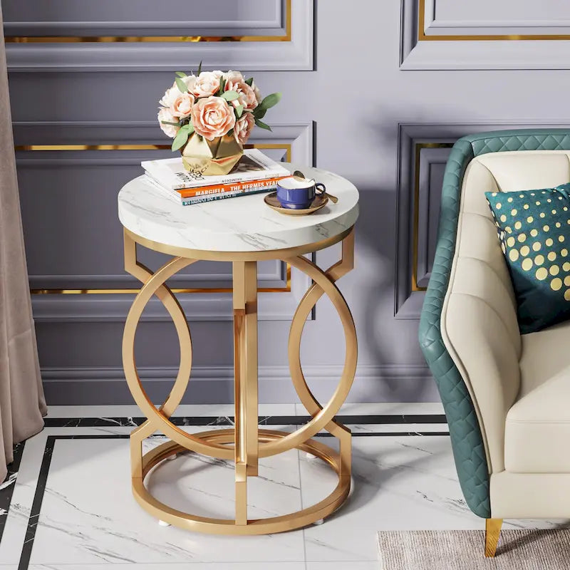 Round Faux Marble End Table with Gold Ring Base