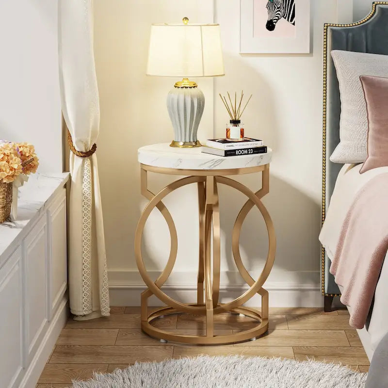 Round Faux Marble End Table with Gold Ring Base