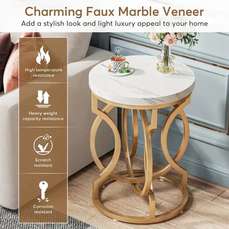 Round Faux Marble End Table with Gold Ring Base