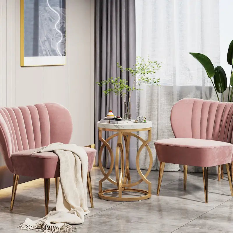 Round Faux Marble End Table with Gold Ring Base