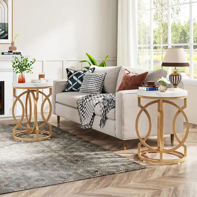 Round Faux Marble End Table with Gold Ring Base
