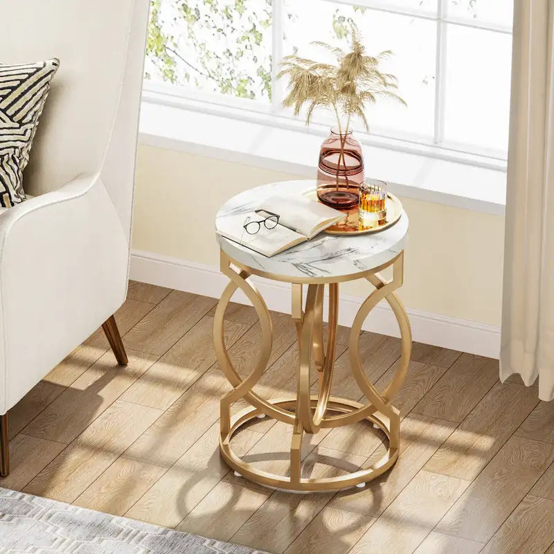 Round Faux Marble End Table with Gold Ring Base