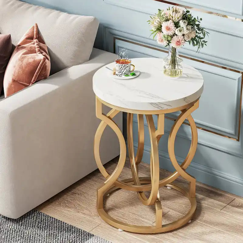 Round Faux Marble End Table with Gold Ring Base