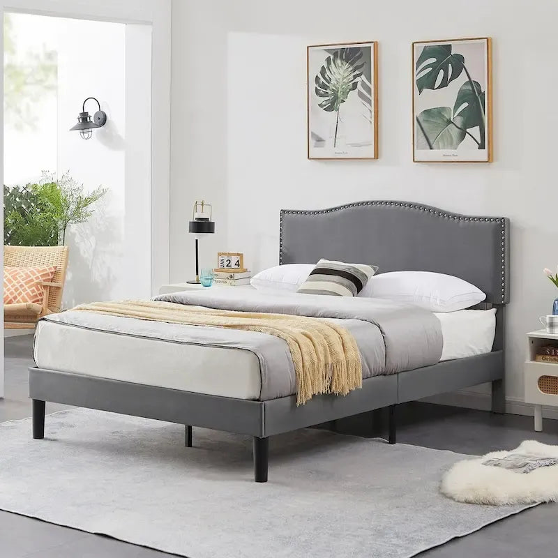 Upholstered Platform Bed Frame with Nailhead Headboard - Twin, Full, Queen, Grey