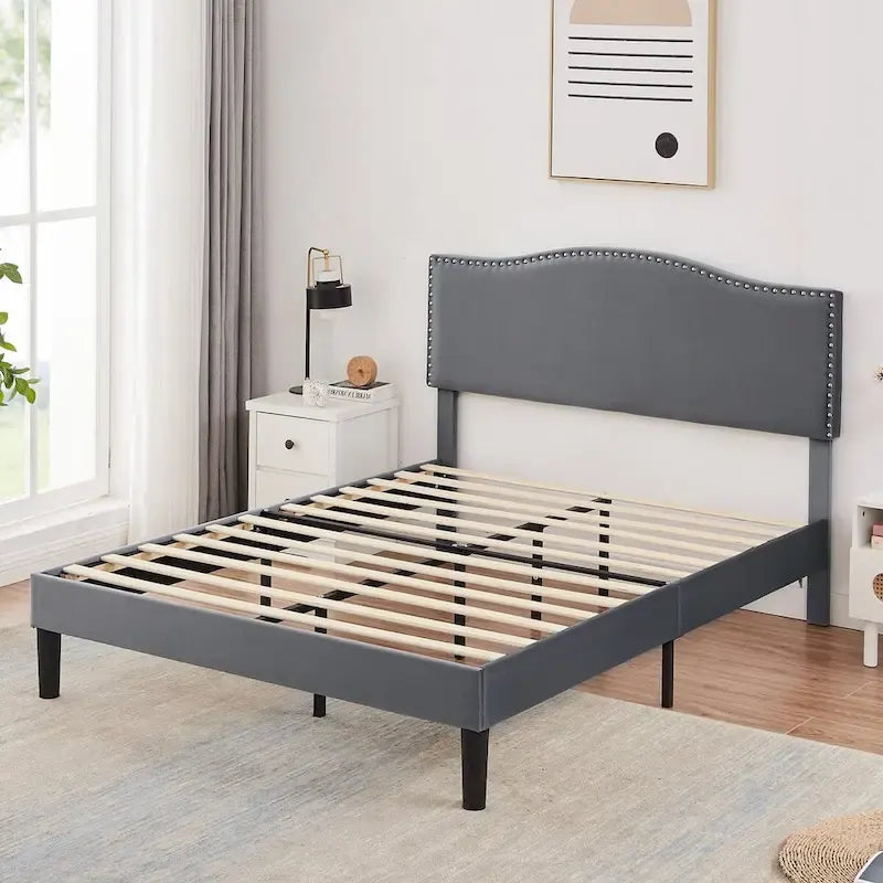 Upholstered Platform Bed Frame with Nailhead Headboard - Twin, Full, Queen, Grey