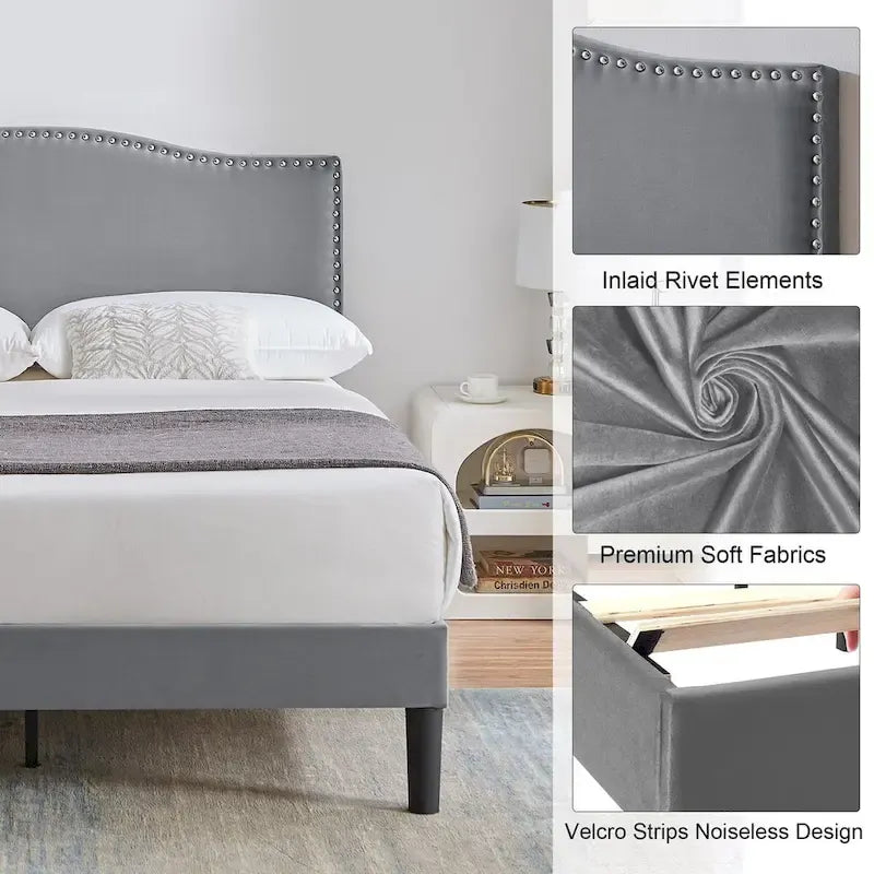 Upholstered Platform Bed Frame with Nailhead Headboard - Twin, Full, Queen, Grey
