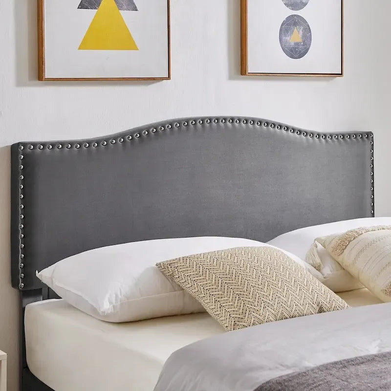 Upholstered Platform Bed Frame with Nailhead Headboard - Twin, Full, Queen, Grey