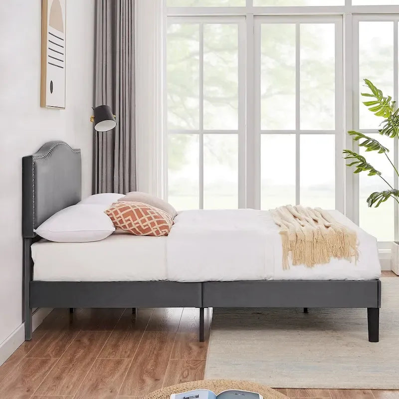 Upholstered Platform Bed Frame with Nailhead Headboard - Twin, Full, Queen, Grey