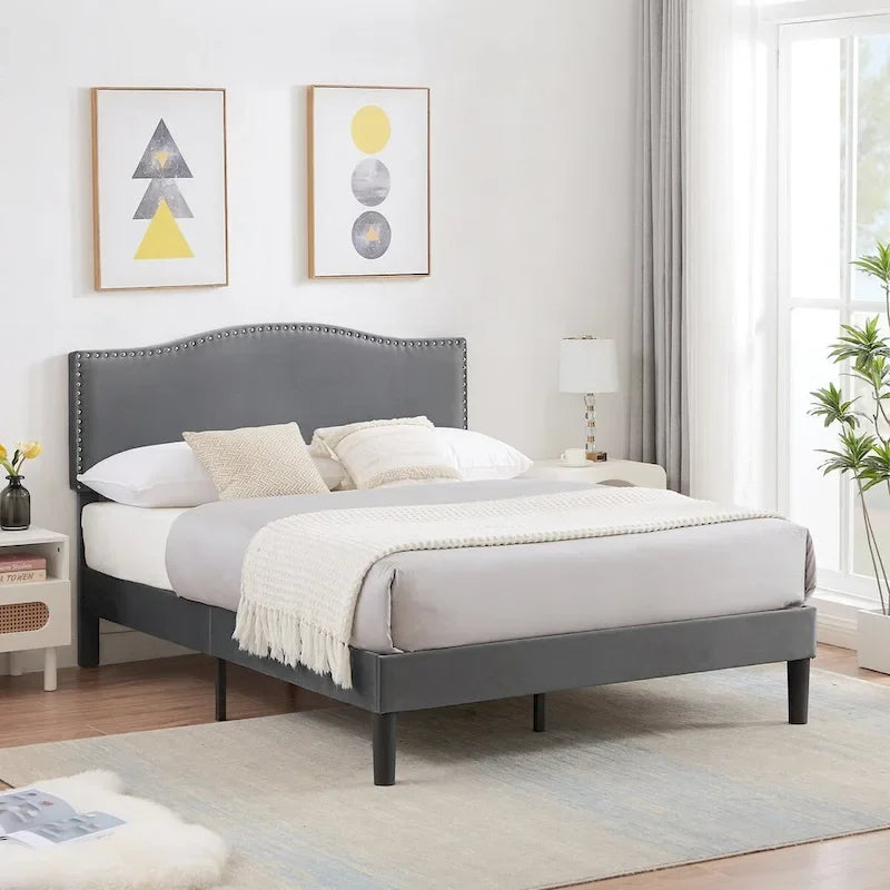 Upholstered Platform Bed Frame with Nailhead Headboard - Twin, Full, Queen, Grey