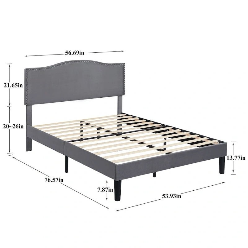 Upholstered Platform Bed Frame with Nailhead Headboard - Twin, Full, Queen, Grey