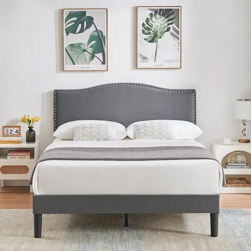 Upholstered Platform Bed Frame with Nailhead Headboard - Twin, Full, Queen, Grey